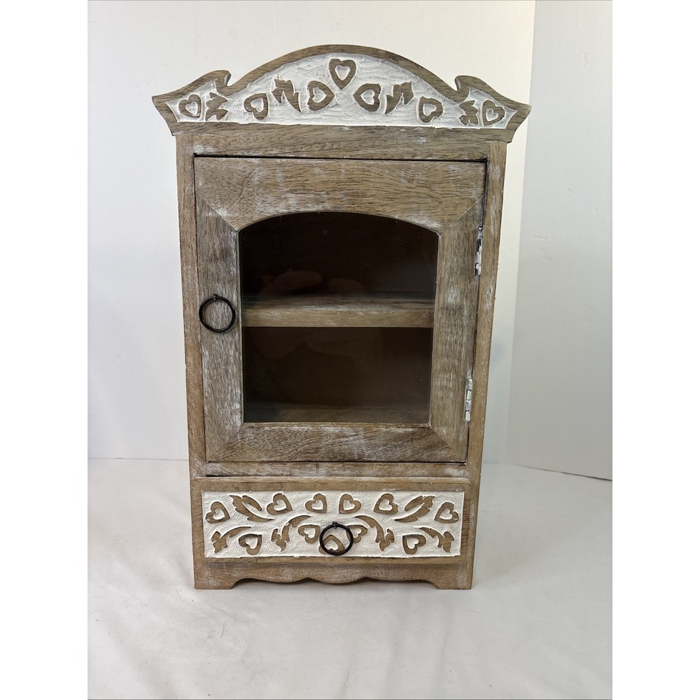 Distressed Whitewash Finish Solid Wood Tabletop Curio Apothecary Spice Cabinet